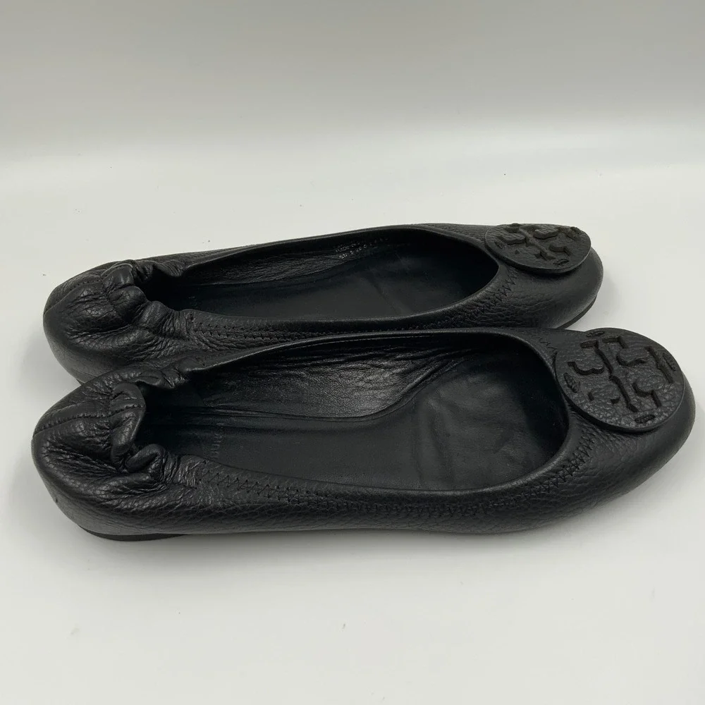 Tory Burch Minnie Travel Ballet Flats Black Leather Logo Medallion Size 8.5
